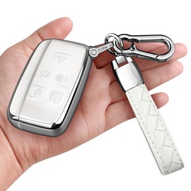 Sindeda for Land Rover Key Fob Cover with Keychain Soft Full Protection Key Shell Key Case Compatible with Land Rover LR4 Range Rover Sport Evoque Jaguar XF XJ XJL F-pace (White)