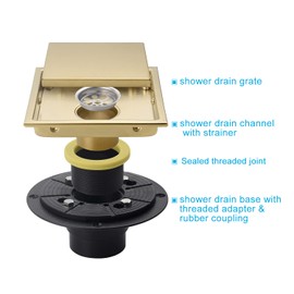 SISEHO 6 Inch Square Invisible Shower Floor Drain Gold, Detachable Bathroom Floor Drain Flange, Insert Tiles for Filtering in The Grille Plate Cover, SUS304 Stainless Steel Wire Drawing