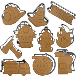 Moose Goods Firefighter Cookie Cutters for Baking - Set of 10 Cookie Cutters with Stamp Fire Truck, Fire Helmet, Fire Extinguisher, Fire Hydrant, Axe, Dog, Hose, Ladder, Cone & Flame Cookie Cutter