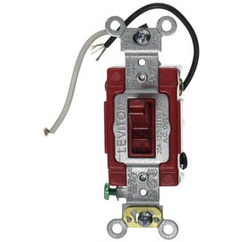 Leviton 20-Amp, 120 Volt, Toggle Pilot Light, Illuminated On, Req. Neutral, 3-Way AC Quiet Switch, Extra Heavy Duty Grade, Self Grounding, Back and Side Wired, 1223-PLR, Red