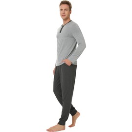 NACHILA Mens Pajamas Set Long Sleeve Henley Sleepwear Top Soft Jogger Pants Pajamas Cool Pjs Set,Viscose Made from Bamboo Heather Grey/Charcoal Heather L