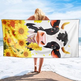 YISUMEI Cow & Sunflowers Beach Towels for Adults Extra Large 180 x 90 cm, Microfibre Quick Dry Towel for Travel Swimming Camping Sports