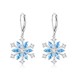 EVER FAITH Snowflake Jewerly Sterling Silver Winter Accessory Sparkle Sky Blue CZ Flower Leverback Earrings for Women