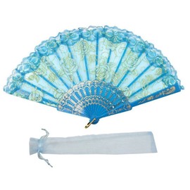 Newstarfactory Lace Flowers Design Plastic Folding Hand Held Fan (Blue)