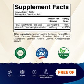 엽산이 포함된 비타민 메틸 B12 1000 mcg, 240회분, 1개 Folic Acid-Infused Vitamin Methyl B12 1000 mcg, 240 Tablets, 1 Pack