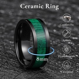 King Will NATURE Ceramic Wedding Ring for Men Women-8mm Width Black with Green Maple Wood Inlay Wedding Band High Polished Finish Comfort Fit Engagement Ring 10