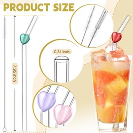 BIEOFFEI 8 Pack Cute Reusable Glass Straws with Heart Charms 8" x 8 MM Clear Bent Glass Drinking Straws with 2 Cleaning Brushes for Smoothies, Drinks, Tea, Juice