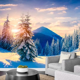 SIGNFORD Removable Wall Sticker/Wall Mural Pastel Sunset Sky Winter Mountain Forest Nature Wilderness Photography Realism Rustic Farmhouse/Country for Living Room, Bedroom, Office - 100x144 inches