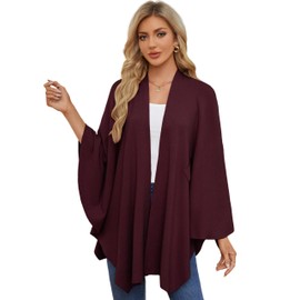 PULI Women's Elegant Poncho Knitted Ponchos Capes Open Front Versatile Scarf Wrap with Tab, burgundy
