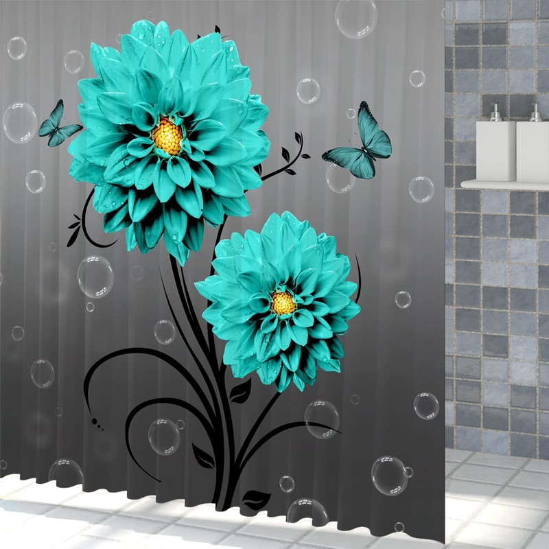 Blue Flower Butterfly Shower Curtain Teal Turquoise Blue Dahlia Bathroom