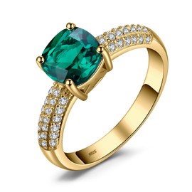 JewelryPalace Cushion Cut 1.8ct Simulated Emerald Solitaire Rings for Her, 14K Yellow Gold 925 Sterling Silver Promise Ring for Women, Green Gemstone Jewelry Sets Rings 6