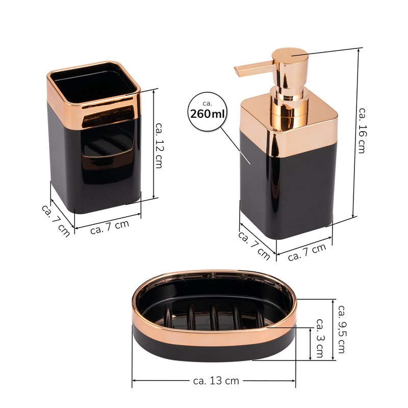 bremermann Savona Bathroom Set 3-Piece Plastic Black Rose Gold Soap