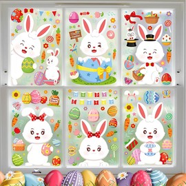 JEYORZY 6 Blätter Fenstersticker Ostern Selbstklebend, Fensterdekoration Ostern mit Hasen Ostereier Küken, Fensterbild Ostern, Fenster Aufkleber Dekorationen Wiederverwendbar für Ostern