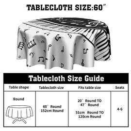 Music Round Tablecloth 60 Inch - Classic Piano Table Cloth Black White Musical Instrument Table Covers for Kitchen Patio Outdoor Picnic Party
