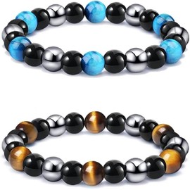 2 Pcs Triple Protection Bracelet - Tiger Eye & Obsidian & Hematite Triple Bracelet Bring Protect Good Luck and Prosperity for Men Women (Brown+Blue, One Size)