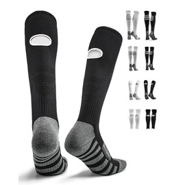 GRASSENGINE Youth Soccer Socks for Boys Girls Ages 6-15, Pre Cut Breathable Hole Anti Slip Knee High Athletic Football Socks (US, Alpha (Alpha), M, 1, Black)
