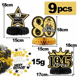 BETESSIN 80th Birthday Decoration Men Black Gold - Includes 9 Pieces Honeycomb Centrepiece and 15g Happy Birthday Confetti - Table Decoration for 80th Birthday for Men and Women