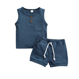Karesoull Infant Baby Boy Clothes Summer Shorts Set Solid Sleeveless Pocket Tops Cotton Outfit 2PCS (Sleeveless Indigo, 12-18 Months)