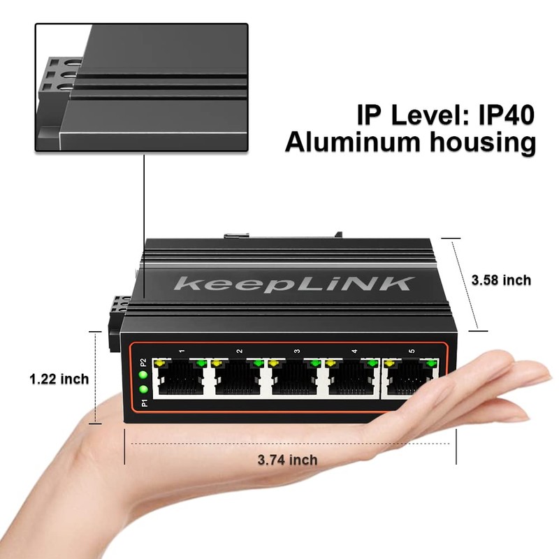 keepLiNK 5-Port Industrial Ethernet Switch, Unmanaged 10/100Mbps DIN-Rail Network Switch,