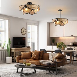 Ganeed 20" Boho Caged Ceiling Fan with Light and Remote, Layered Rattan Enclosed Flush Mount Boho Ceiling Fans Lights, Low Profile 6 Speed Reversible Fandelier for Bedroom Kitchen Living Room Nursery