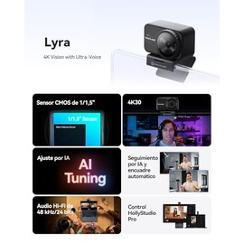 Hollyland Lyra Cámara Web 4K Ultra HD Webcam con Sensor Grande 1/1.5", Enfoque Rápido PDAF y Encuadre Automático – Ideal para Videollamadas, Streaming