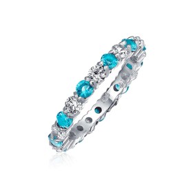 Cubic Zirconia London Blue White Alternating Stackable CZ Eternity Ring Simulated Topaz .925 Sterling Silver March Month