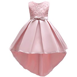 IWEMEK Girls High-Low Lace Embroidery Beaded Pleated Birthday Tutu Dress Flower Girl Princess Wedding Bridesmaid Pageant First Communion Prom Dance Party Formal Ball Gown for Kids Pink 11-12 Years