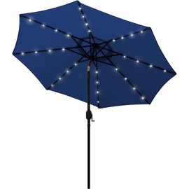 Blissun Blissun 9 ft Solar Umbrella 32 LED Lighted Patio Umbrella Table Market Umbrella with Tilt and Crank Outdoor Umbrella for Garden, Deck, Backyard, Pool and Beach (Navy Blue)