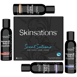 Skinsations - Kit de aceite de masaje (juego de 4) aromas naturales de vainilla, canela, lavanda | Mezcla de aceite de almendras dulces, aceite de coco fraccionado, aceite de semilla de uva y aceite