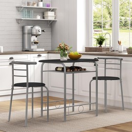 TY ARTS & CULTURE 3-Piece Wooden Round Table & Chair Set, Saving Space Kitchen Breakfast with Metal Frame and Built-in Wine Rack for Kitchen, Dining Room (Black & Silver)