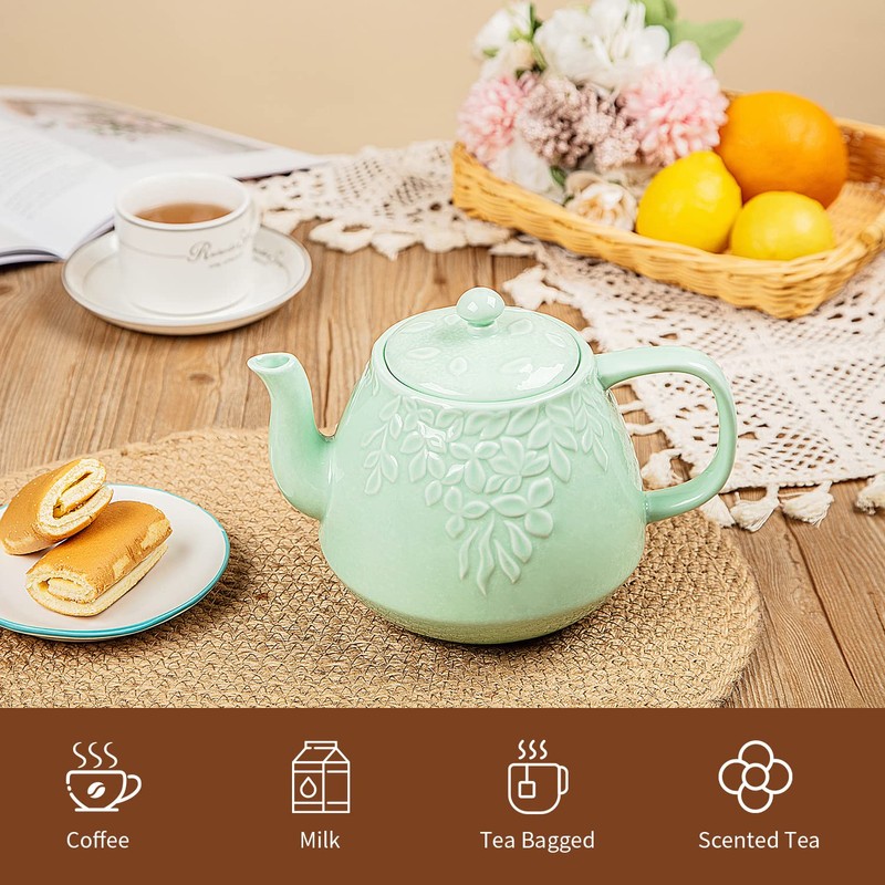 Toptier Leaf Teapot, Porcelain Tea Pot with Infuser and Lid,