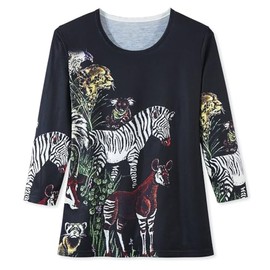 Sparkling Jungle Knit Top for Women, Wild Animals Graphic Print Shirt with Crystals, Fun Casual Tee with 3/4 Sleeves Black Multi