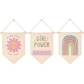 Girl Power-Grow Your Own Way-Canvas Hanging Pennant Flag Banner Wall Sign Decor Gift for Baby Boys Girls Kids, Gifts for Nursery Baby Room Playroom Bedroom Front Door-Sun Rainbow-Set of 3