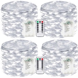 4-Pack Fairy Lights Battery Operated with Remote, Waterproof 33FT 100 LED Battery String Lights Outdoor Indoor, 8 Modes Twinkle Lights with Timer for Bedroom Wedding DIY Christmas Decor (Cool White)