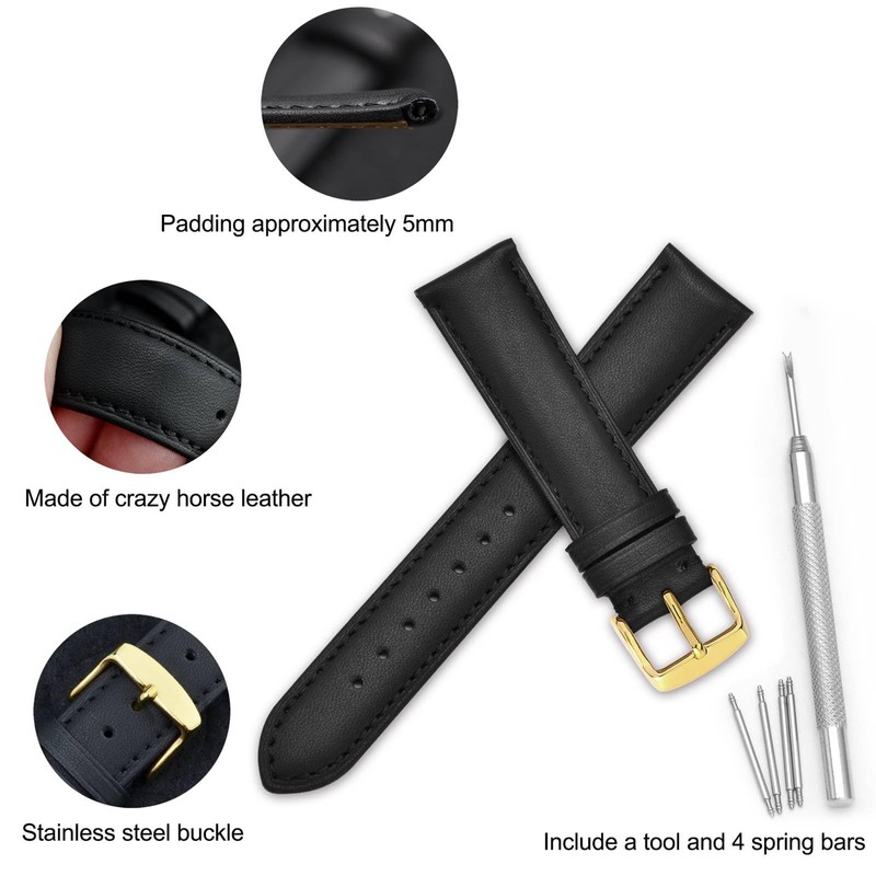 WOCCI 17mm Vintage Leather Watch Strap with Gold Buckle, Replacement