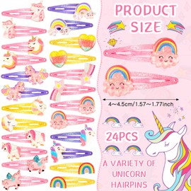 Hanaive 24 Pcs Rainbow Unicorn Clips Metal Clips Butterfly Snap Barrettes Cute Mermaid Hair Pins Sparkly Animal Hair Accessories for Toddlers Little Girls Birthday Party Gifts(Rainbow Pattern)