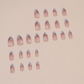 LOPMNGHT 24Pcs Flower Press on Nails Short Almond Shaped French Tip False Nails Full Cover Short Acrylic Nails Artificial Coffin Nails Press Ones Summer Glue on Nails for Women Stick on Nails Kit