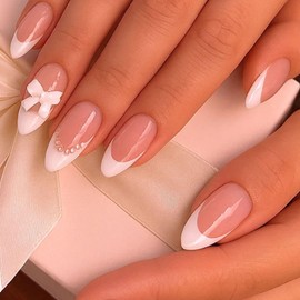 24PCS French Tip Press-On Nails with White Bowknot Decoration – Short Glossy Fake Nails, Elegant Pink Color for Women, Almond Shape French Tip Design 3D White Flower Embellishments