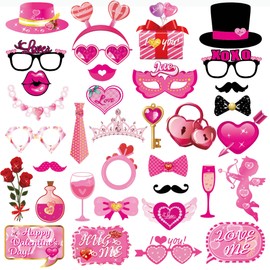 Photo Booth Props for Valentines Day Party Weddings Graduation Prom Decoration, Mix of Hats, Hats, Crowns, Bows, Hearts (Pink)