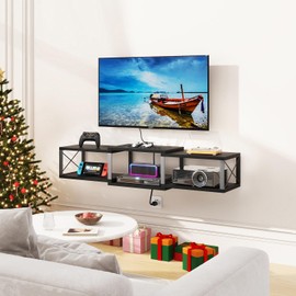 IBUYKE Floating TV Stand with Power Outlet,Wall-Mounted Floating Stand for TVs up to 55",Metal Wall Entertainment Center,Wall Mounted TV Shelf with Storage for Living Room Bedroom,Black UWST011B