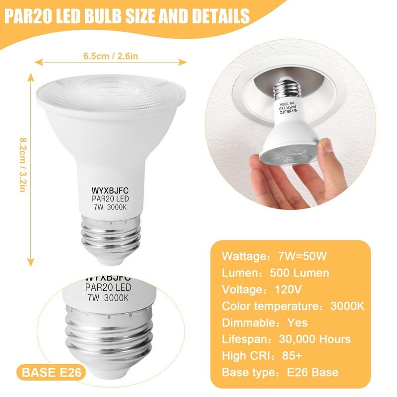 WYXBJFC Par20 LED Bulbs 7w (Equivalent 50w), 2 Pack Dimmable