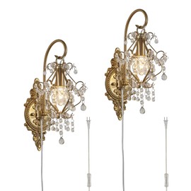 Fetason Gold Crystal Vintage Plug in Wall Sconces Set of 2 Indoor Wall Light Fixture, Modern Wall Mount Lamp Light for Bedroom Living Room Bathroom Vanity Light Hallway Light Fixture Decor LED E12