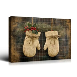 Christmas Gift Holiday Wall Decor - Knit Mittens, Pine & Holly Berries, Great for Festive Cheer Perfect for Home Christmas DecorColor: multi color, Size: 24*16 inch