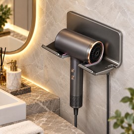 Hair Dryer Wall Holder for Bathroom – No-Drill Aluminum Storage Rack with Cord Hook for Vanity Organization