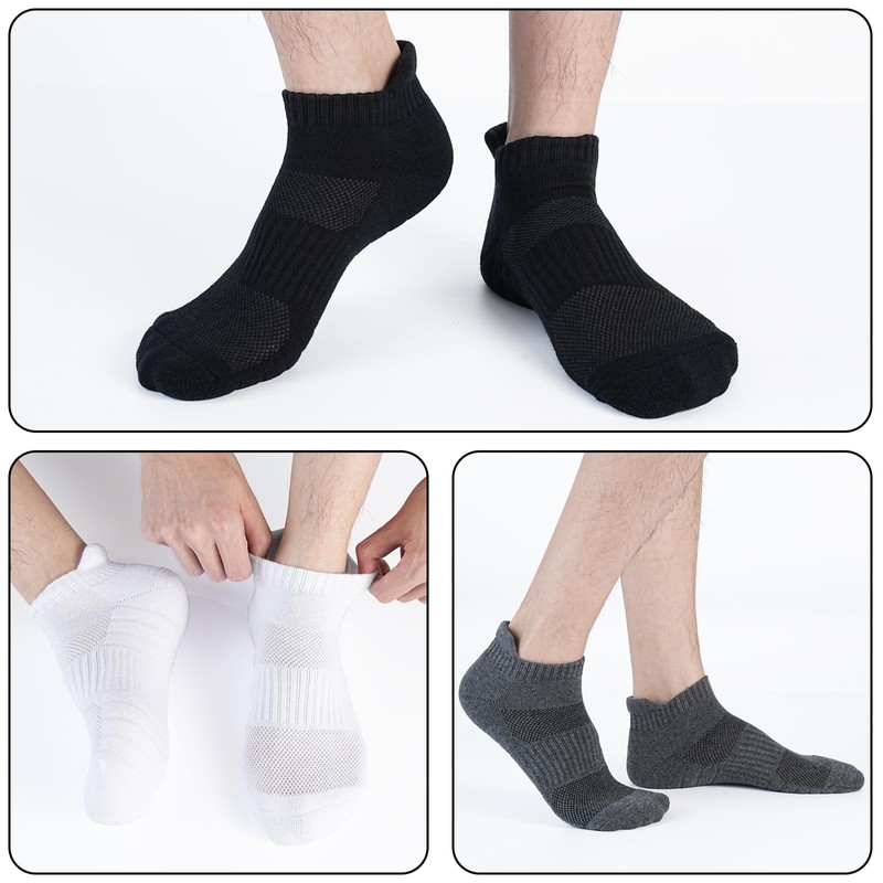 Monxiery Mens 100% Cotton Ankle Socks, Athletic Cushioned Performance Running