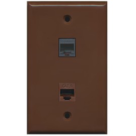 RiteAV - 1 RJ11 RJ12 Black Phone Port and 1 Cat6 Ethernet Port Wall Plate - Brown - Bracket Included