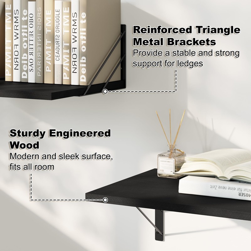 Love-KANKEI Wide Deep Floating Wall Shelves Set of 2,16"x12",Wood,Black