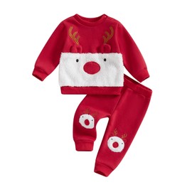 MAHUAOYIXI Toddler Boys Girls Christmas Outfits Reindeer Embroidery Long Sleeve Sweatshirt with Elastic Waist Pants 2Pcs Tracksuits Baby Girls Boys Christmas Clothes (Red, 0-3 Months)