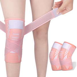 Knee Support Brace 2 Pack Compression Knee Sleeve with Straps Knee Bandage for Women Men for Sports, Running, Arthritis, Joint Pain, Ligament Injury, Meniscus Tear, ACL, MCL, Tendonitis (Pink, L)