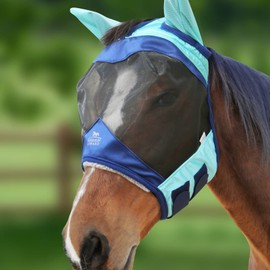 Harrison Howard Luxe Dual-Tone Horse Fly Mask Half Face with Ears Fully Visible UV-Blocking Fine Mesh Soft Fleece Edging for Extra Comfort Summer Mint/Navy M Cob